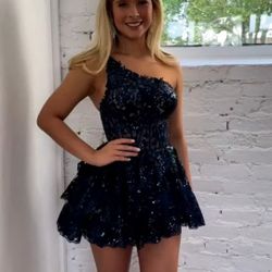 Vintys Sparkling Sequin, Lace, Navy Blue Homecoming/Prom, Cocktail Dress - Size 10
