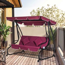 Red (Wine) 3-Seater Black Metal  Framed  Porch Swing w/ Sun Shade Canopy. [NEW IN BOX] **Retails for $265