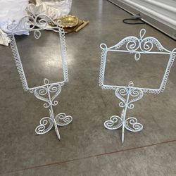 vintage white metal wirework picture frame stands or place card holders