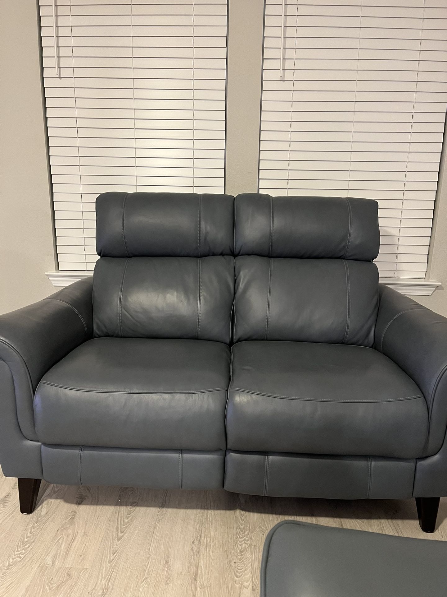 New Cindy Crawford Avezzano Leather Dual Power Recline Blue Leather Sofa and Loveseat Set from Rooms to Go!