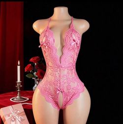 M Pink Lace Halter Bodysuit Lingerie