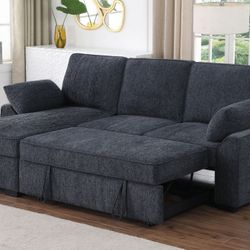 Sectional pull out sofa bed dark gray with usb and cup holders