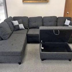 Charcoal Linen Sectional Couch And Ottoman