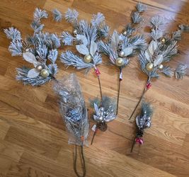 7 Posable Flocked Glitter Pine Stems 12-28" Balls Pinecones