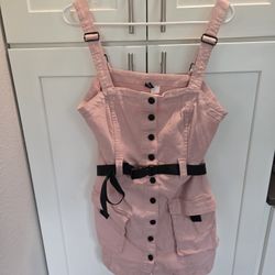 DIVIDED Pink Denim Overall Dress W/  Black Accents And Cargo Pockets Women Size Large