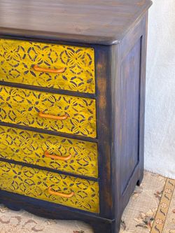 Antique pine purple yellow decorated dresser