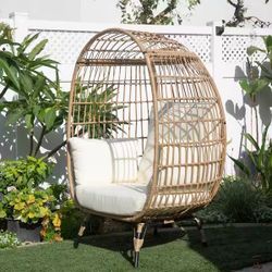 New Large 40” W Oversized Wicker Grey Egg Chair Sofa Patio Backyard Living Room Indoor/Outdoor Chaise Lounge w Cushions