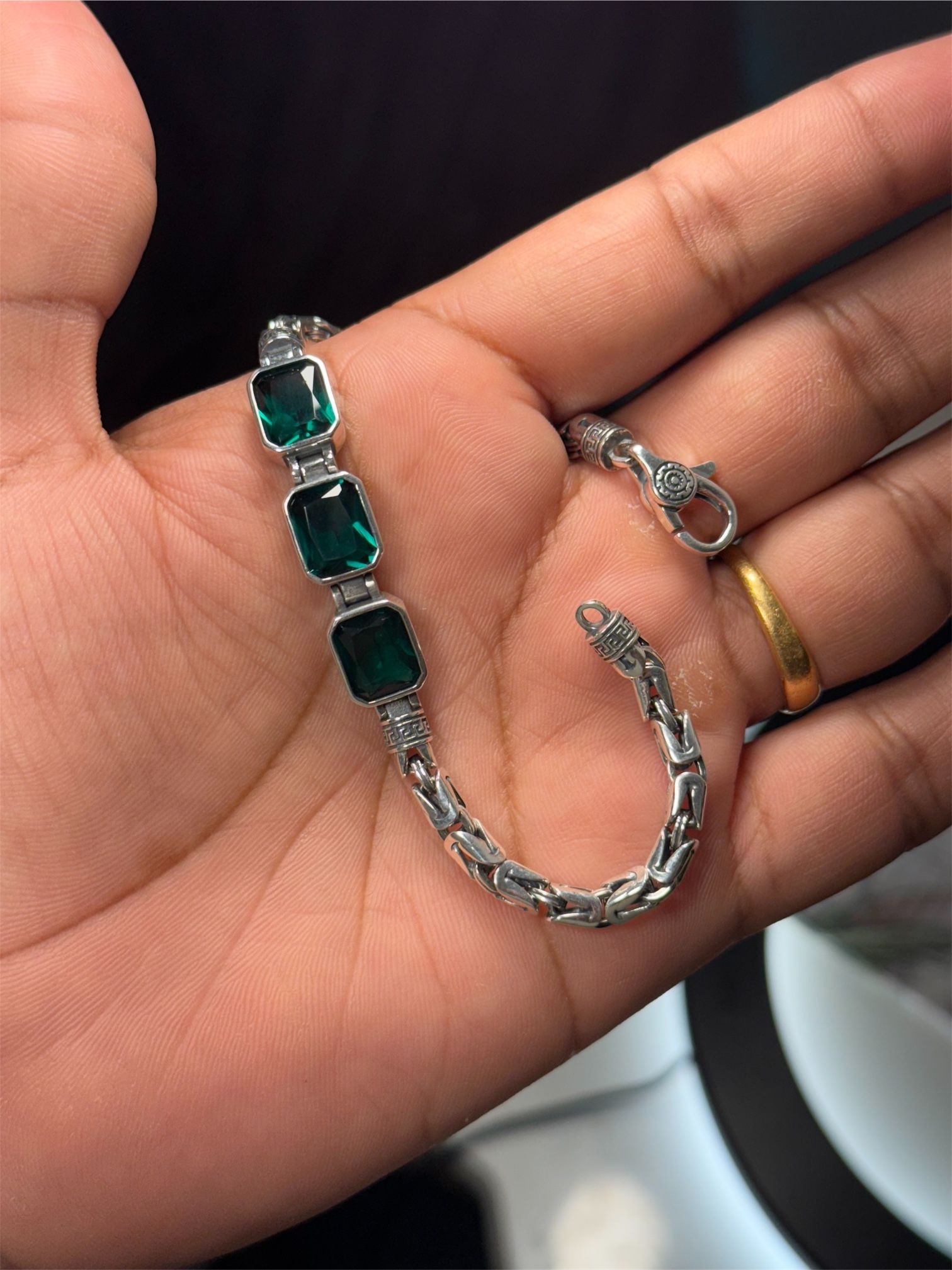 925 Sterling Silver Bracelet | Green Stone | 22.95g | 8.3 Inch