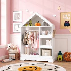 Kids Wardrobe Closet with Mirror and Storage Shelves (white ) Dress up closet with hanging rod, shoe rack & 3 hooks, ideal for bedroom, playroom & nur