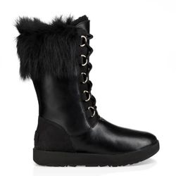 UGG AYA Black Waterproof Leather Fur Cuff Tall Snow Boots