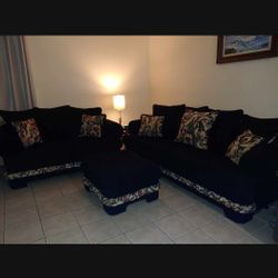 Couch...Love Seat...Ottoman... Black with Flower Trim... Reversible Pillows...SEE DESCRIPTION. 