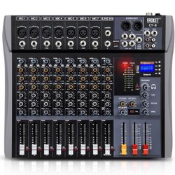 Forket Professional Digital DJ Mixer 8 Channel Audio Mixer Sound Board with USB Port Bluetooth +48V Phantom Power Stereo Audio Interface Mixing Consol