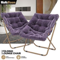 Set of 2 Faux Fur Saucer Chair, Folding Accent Chair, Moon Chair with Padded Seat and Metal Frame for Bedroom Dorm Living Room, Max 300lbs, Purple