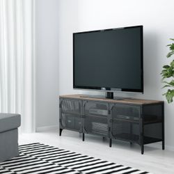 IKEA FJÄLLBO Industrial Media Console TV Stand - Solid Wood Top + Mesh Doors