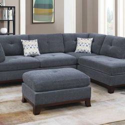 Brand New Ash Grey 3pc Sectional Sofa With Ottoman