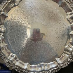 Vintage ornate Silver plated serving tray heavy 12”