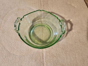 Vintage Uranium Glass Bowl with Handles, Mt. Pleasant Pattern (1(contact info removed)) Green Depression Glass