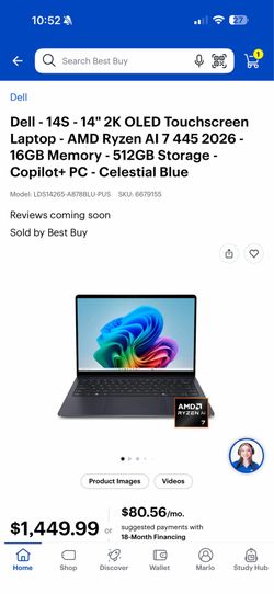 Dell - 14" 2K OLED Touchscreen Laptop - AMD Ryzen AI 7 (contact info removed) - 16GB Memory - 512GB Storage - Copilot+ PC - Celestial Blue
