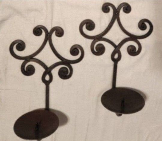 Set Of 2 Vintage Wall Mount Iron Metal Pillar Candle Holder Sconces