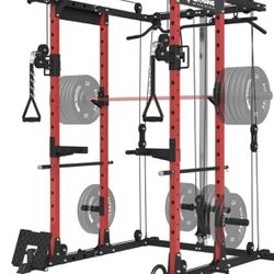 Power Cage, PC06 1500LBS Power Rack with Cable Crossover System, Multi-Function Workout Cage, Squat Rack Home Gym,Red