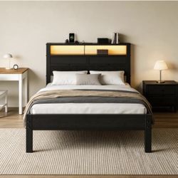 Brand New Twin Size Bed Frame with Charging Station & LED Lights, Platform Bed with Wood Headboard & 2 Storage Drawers, Integrated Shelves & Metal Sla