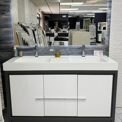 60" Double Sink Free Standing Anthracite Gray and Glossy White Color Bathroom Vanity  