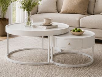 White Nesting Coffee Table Set of 2 w/ Drawer
