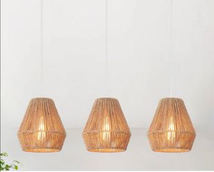 3-Pack~Rattan Mini Pendant Light w Tapered Woven Shade~ETONIMERR Scrow 1-Light White & Natural Brown~NEW
