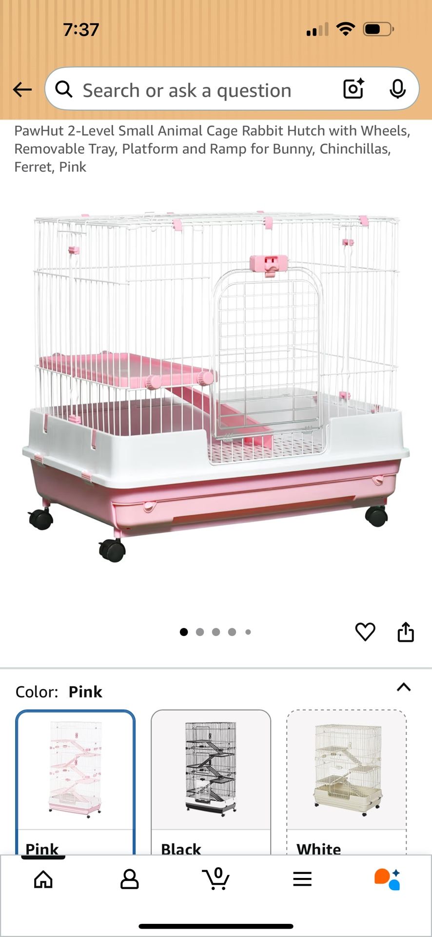 PawHut 2-Level Small Animal Cage Rabbit Hutch with Wheels, Removable Tray, Platform and Ramp for Bunny, Chinchillas, Ferret, Pink