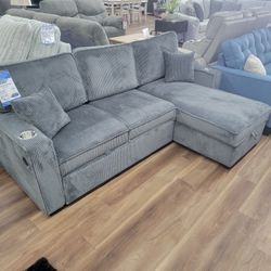 New 2pc Sleeper Sectional In Dark Grey Corduroy 