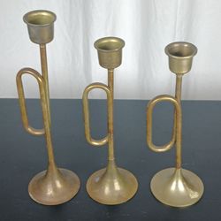 Vtg Set of 3 Solid Brass Horn Temper Stick Candle Holders 8" & 7" Holiday Decor
