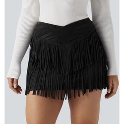 Halara Crossover High Waisted 2-in-1 Fringe Hem @ Bodycon Mini Suede Party Skirt