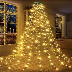 GYLEFY Christmas String Lights Outdoor 6.56FT x16 Lines 400LED Christmas Tree with Ring Waterfall with 8 Modes Timer Waterproof Xmas Tree Fairy Lights