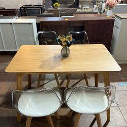 🔥Set of 5🔥Rectangular light wood solid wood dining table, Dining Chairs Modern Kitchen Clear Acrylic Accent Dinner Chairs with PU Leather Cushions S