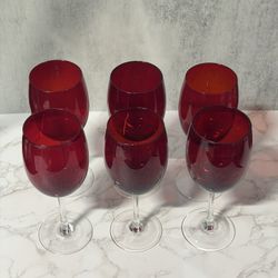 Set of 6 Red Wine Glasses Ruby Red Bowl Clear Stem Vintage Style