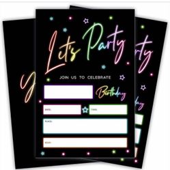 Let's Party! Birthday Invitations - Retro Glow Neon - 20Pcs