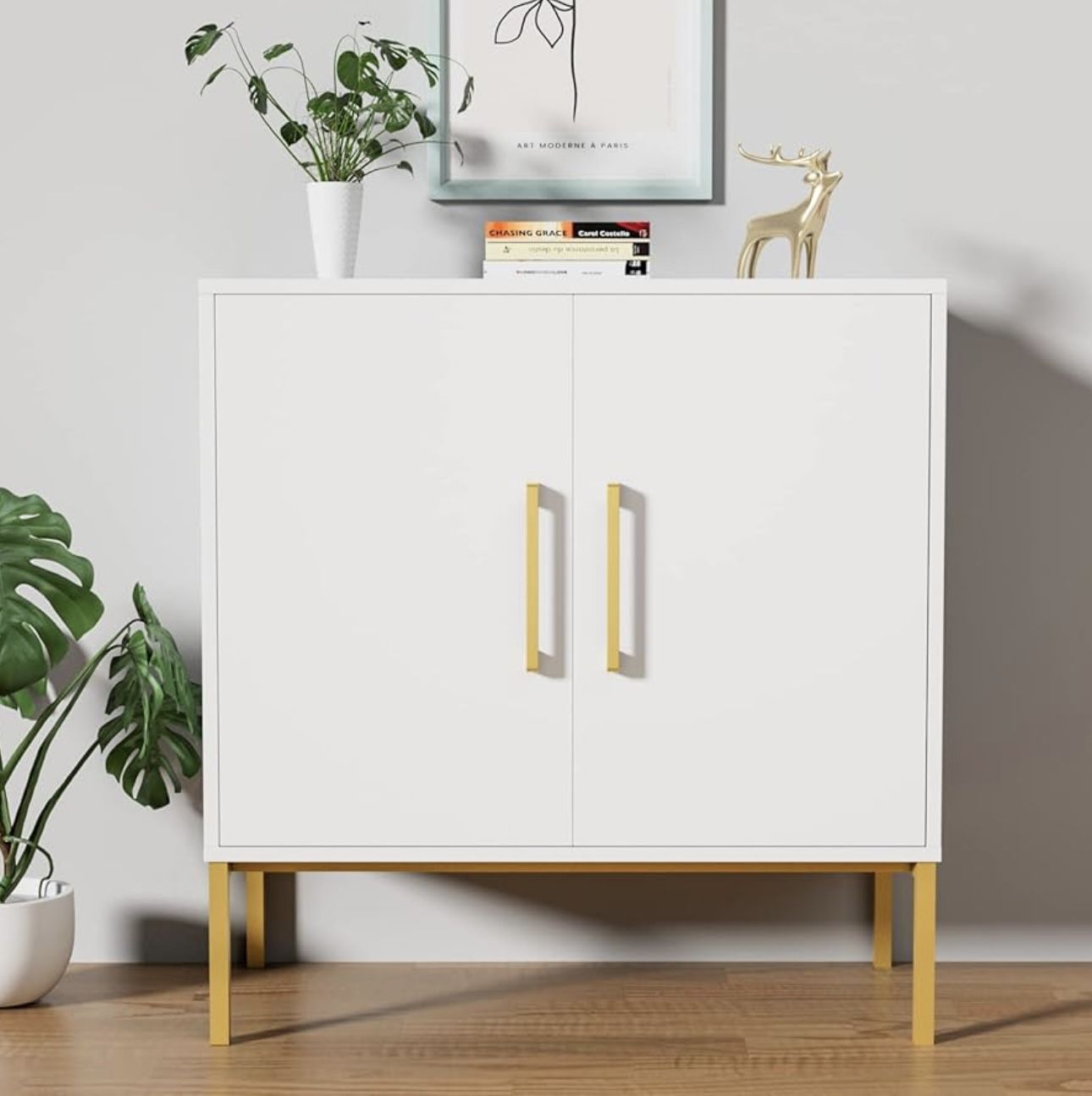Sideboard Buffet Cabinet, White Side Storage Cabinet w/ Doors & Adjustable Shelves, Accent Cabinet