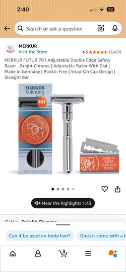 MERKUR FUTUR 701 Adjustable Double Edge Safety Razor - Bright Chrome | Adjustable Razor With Dial | Made in Germany | Plastic-Free | Snap-On Cap Desig
