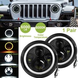 Pair 7" Inch Round Full LED Headlights Halo Angle Eyes For Jeep Wrangler JK LJ TJ CJ
