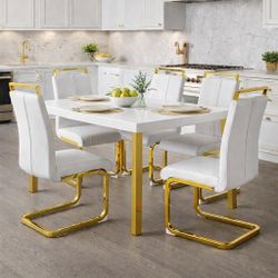 Set Of 4 White Modern PU Faux Leather High Back Dining Chairs with C-shaped Tube and Golden Metal Legs [NEW] **Assembly Req** 