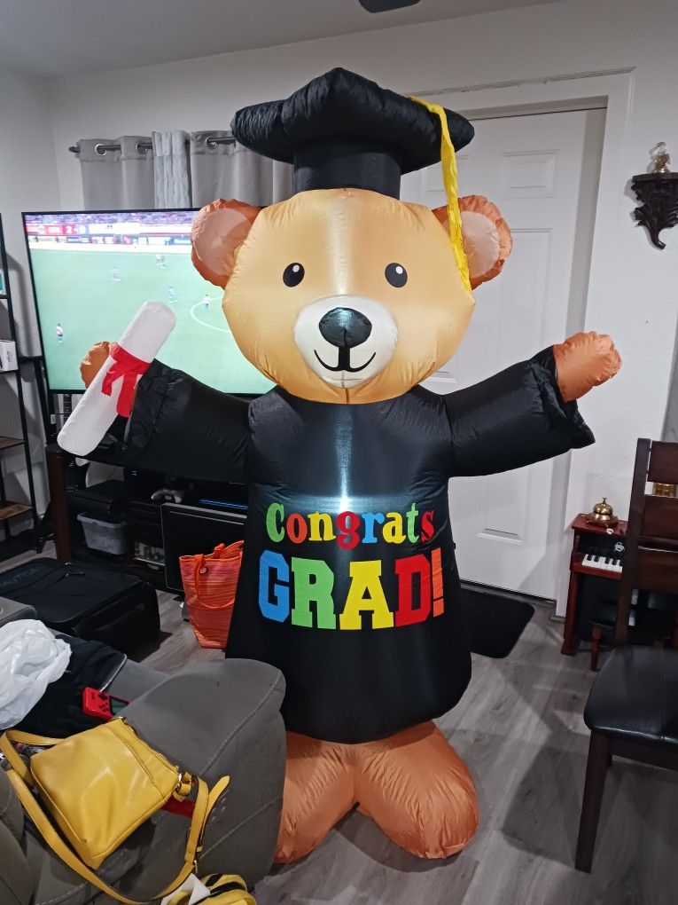Foot tall graduation Inflatable brown Teddy bear. with cap and Gown diploma Pre-lit led lights blow up indoor, outdoor Holiday yard garden lawn