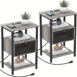 NEW! Nightstand with Charging Station Set Of 2 Bedroom Bedside Table with USB Ports And AC Outlets Modern End Table with Storage Drawer And Open Shelf