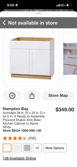 36” Hampton Bay Shaker Sink Base Cabinet – Alpine White – New