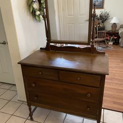 Antique Wood Dresser With Mirror 