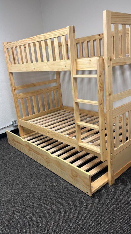 Veronica Bunk Bed With Trundle Bed Natural Pine 
