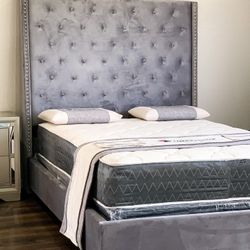 King Gray Velvet Bed Plus King Plush Mattress (Free Delivery )