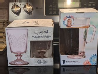 Dolly Parton Pink Glass Butterfly Goblets & Pitcher