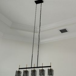 Modern Black & Brass Linear Chandelier | 6-Light Glass Statement Fixture 