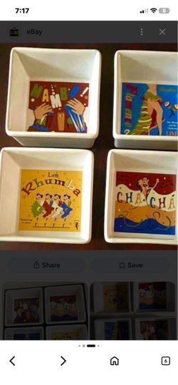 Pottery Barn Set Of 4 “The Dance” Ceramic Chip & Dip Bowls Stackable 5”x5”x2”