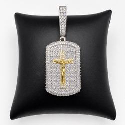 925 Sterling Silver 2.50CT MOISSANITE ICED-OUT Dog Tag crucifix men’s Pendant 